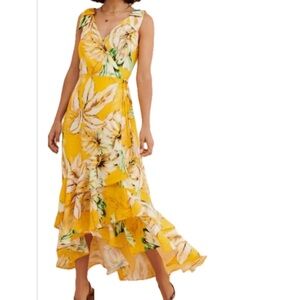 Anthropologie Adelyn  Rae Nia Yellow Floral Maxi Wrap Dress L